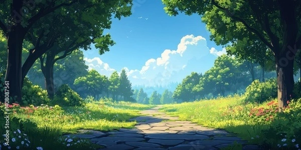 Fototapeta Sunlit pathway through a vibrant green meadow in a serene landscape surrounded by trees
