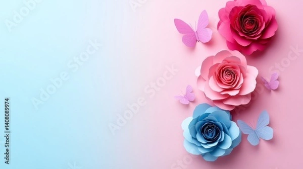Obraz A tranquil spring scene with pastel paper flowers and butterflies, set against a gentle blue background