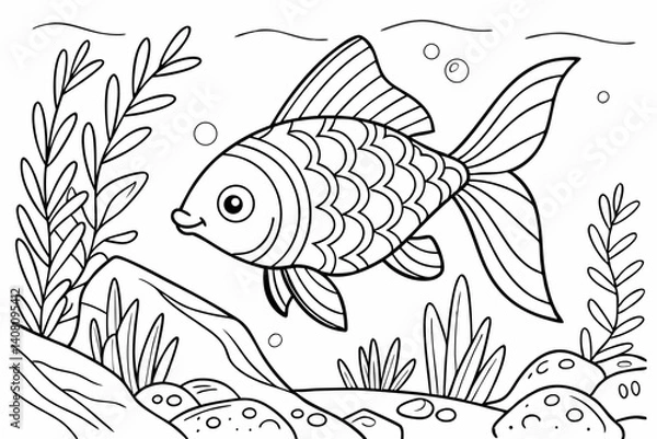 Fototapeta Coloring Pages, An ornamental fish in the sea, colorless, black and white