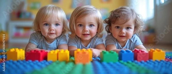 Obraz Toddlers Playing with Colorful Building Blocks in a Bright Cheerful Setting Innocence and Joy