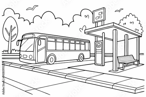 Fototapeta Coloring Pages, Bus Car parked at bus stop, uncolored, black and white