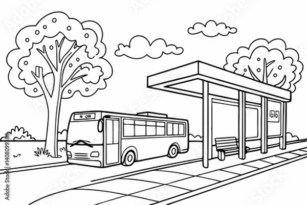 Fototapeta Coloring Pages, Bus Car parked at bus stop, uncolored, black and white