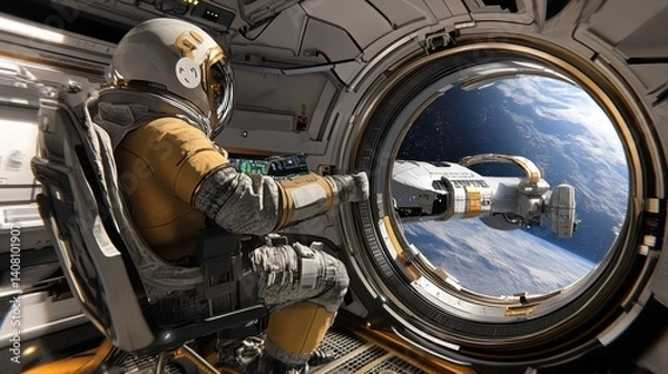 Fototapeta Astronaut working on a space station and observing a spaceship