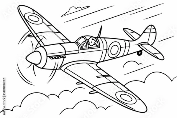 Fototapeta Coloring Pages, Fighter Plane in flight, uncolored, black and white