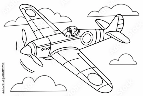 Fototapeta Coloring Pages, Fighter Plane in flight, uncolored, black and white