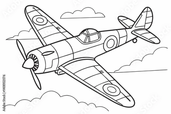 Fototapeta Coloring Pages, Fighter Plane in flight, uncolored, black and white