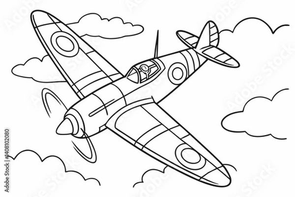 Fototapeta Coloring Pages, Fighter Plane in flight, uncolored, black and white