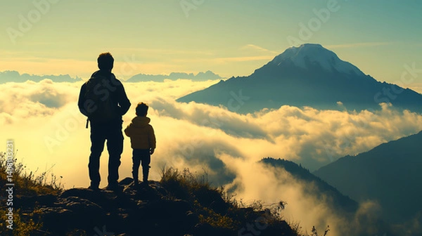 Fototapeta silhouette of man and child standing on mountain peak, gazing at majestic mountain in distance, surrounded by clouds and beautiful sky. scene evokes sense of adventure and connection