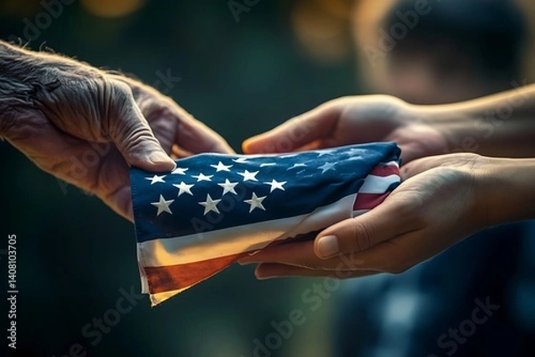 Obraz A veteran's aged hand passes a folded American flag to younger hands, symbolizing legacy and honor.