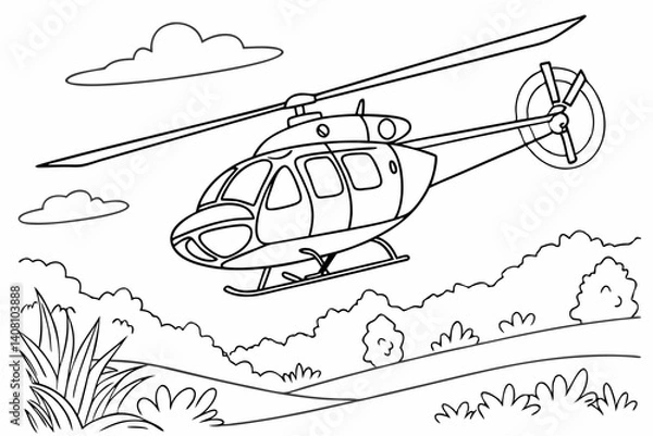 Fototapeta Coloring Pages, Helicopter in flight, uncolored, black and white