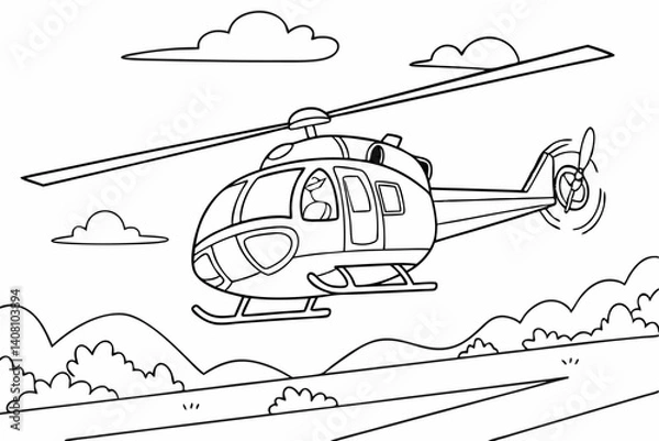 Fototapeta Coloring Pages, Helicopter in flight, uncolored, black and white
