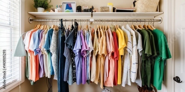 Fototapeta A closet full of colorful shirts hanging on a rack. The shirts are arranged in a rainbow order, from light to dark. The closet is well-organized and tidy, with a window in the background