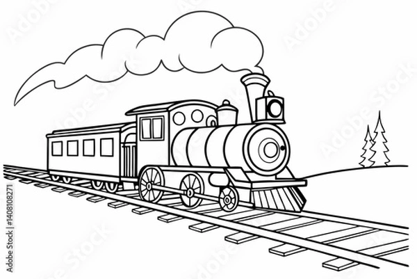 Fototapeta Coloring Pages, Train running on tracks, uncolored, black and white