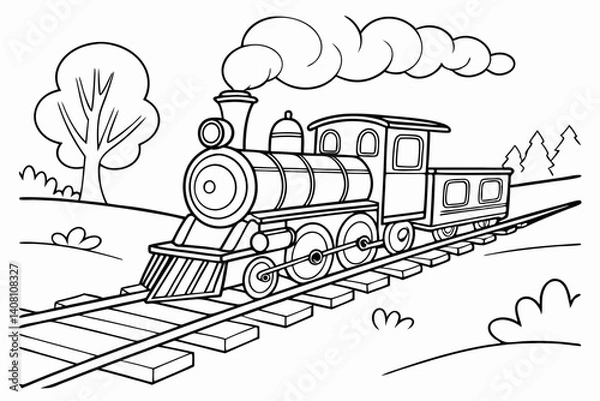 Fototapeta Coloring Pages, Train running on tracks, uncolored, black and white