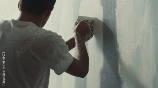 Fototapeta Hispanic painter applying primer to the walls of a new room. Featuring painting and home renovation