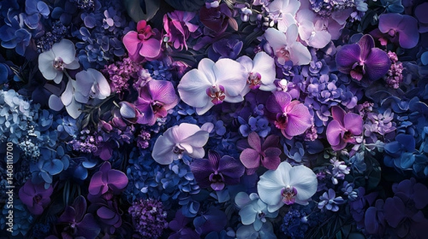 Obraz A vibrant display of purple, blue, and white orchids and hydrangeas.