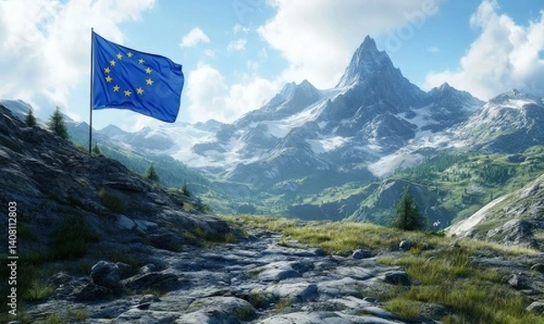 Fototapeta European Union flag waving in a mountainous landscape  under a clear sky.