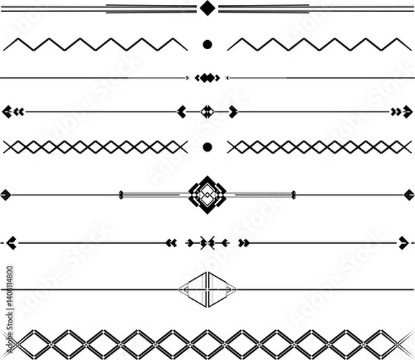 Fototapeta Set of decorative geometric vector dividers and borders with diamonds, arrows, and zigzag patterns in black line style for digital layouts, invitations, or design accents

