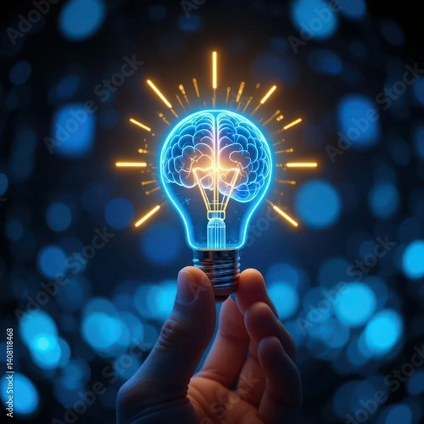 Fototapeta A hand holds a glowing lightbulb with a brain illustration inside, symbolizing creativity and innovation.