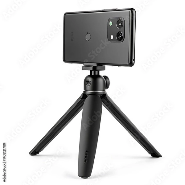 Fototapeta A black smartphone mounted on a small black tripod against a white background in a studio setting