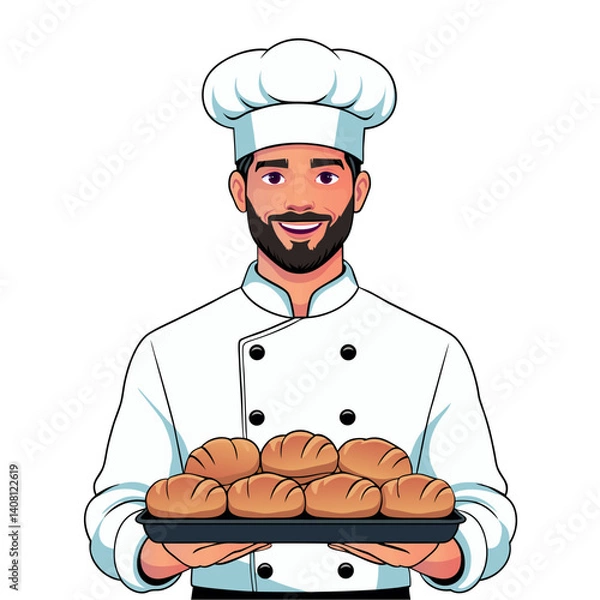 Fototapeta  Smiling Male Baker Holding Tray of Fresh Bread Buns. Vector Illustration