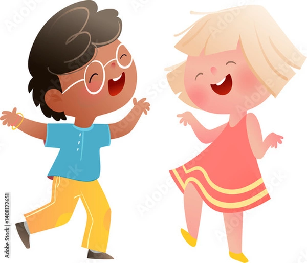 Obraz Kids Boy and Girl Dancing and Having Fun Together. Playful children cartoon, lively funny little girl and boy character design. Vector little child illustration clip art for kids.