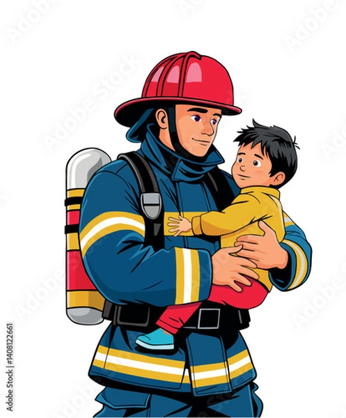 Fototapeta  Firefighters saving boy from the fire. Saving lives. Firemen wearing uniform extinguishing the fire flame.