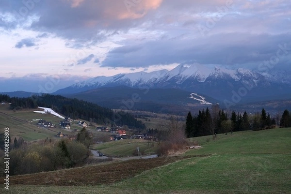 Fototapeta Panorama from Litwinka peak (Czarna Gora) with snow-capped Tatras mountains, Lesser Poland, Poland