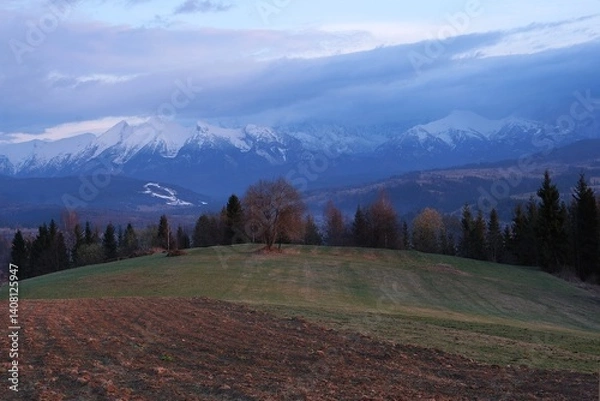 Fototapeta Panorama from Litwinka peak (Czarna Gora) with snow-capped Tatras mountains, Lesser Poland, Poland