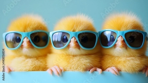 Fototapeta A delightful spring scene with three fluffy yellow chicks wearing hip blue sunglasses, set against a bright blue background, full of playful innocence