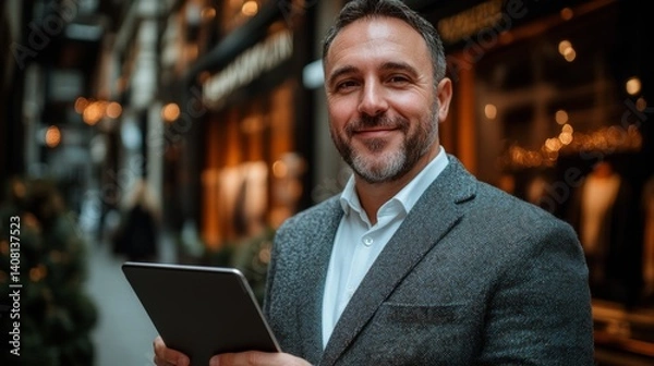 Fototapeta A bearded man smiling while wearing a blazer, photographed in an outdoor urban environment with lights blurred behind him