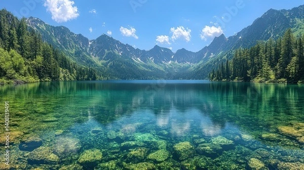 Obraz Picturesque alpine lake surrounded by towering mountains and lush forest