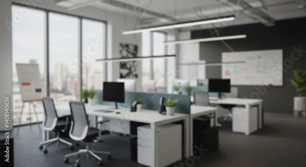 Fototapeta Modern Office Space: City Views & Clean Design AI Generated