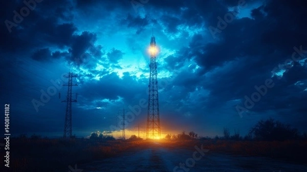 Fototapeta Towering radio masts stretch into a stormy sky, illuminated by a stunning sunset that casts an ethereal glow