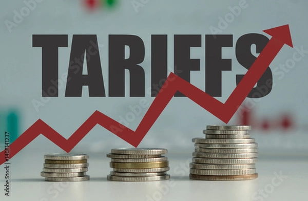 Fototapeta Import tariffs increasing. Red arrow going up