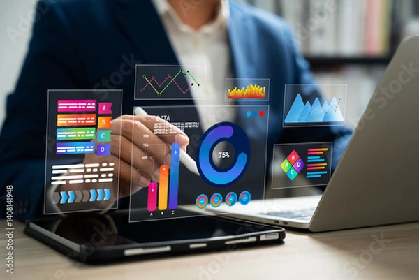 Obraz Data science and business intelligence, Business data analytics, Analyst using big data dashboard for performance evaluation, KPI metrics, Strategic decision making with AI and technology.