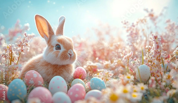 Fototapeta Adorable bunny surrounded by pastel Easter eggs in a field of delicate flowers. A perfect springtime scene!
