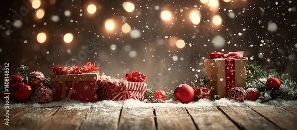 Fototapeta Foreground of wooden table with wrapped gift boxes (red-polka-dot, brown), red ribbons, pine branches, pinecones, red baubles; blurred background with falling snowflakes and golden bokeh lights