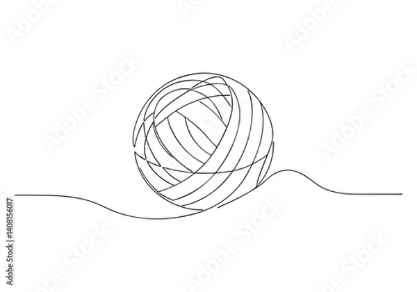 Fototapeta Minimalist black and white continuous line drawing of a ball of yarn with unraveling thread on a clean background in abstract style

