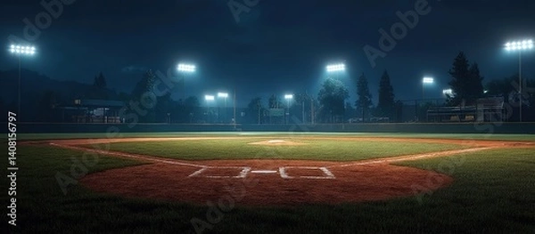 Obraz Nighttime baseball field with illuminated pitcher’s mound and home plate, empty green field under stadium lights, distant stands and mountain silhouettes under starless dark blue sky.