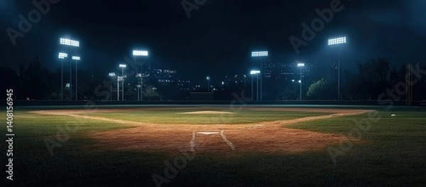 Obraz Nighttime baseball field with illuminated pitcher’s mound and home plate, empty green field under stadium lights, distant stands and mountain silhouettes under starless dark blue sky.