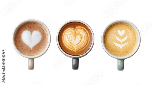 Obraz Assortment of three latte art coffees viewed from above