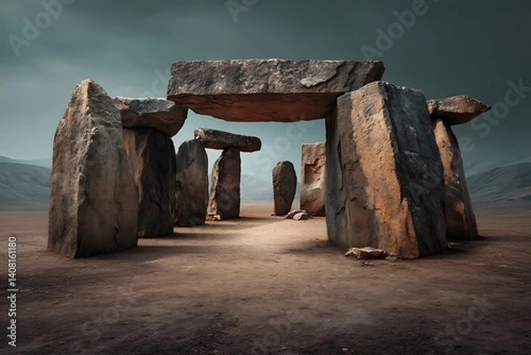 Fototapeta Ancient stone monument in a vast desert landscape.