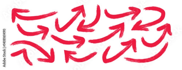Fototapeta Collection of hand drawn arrows. Red hand drawn arrow element vector. Collection of doodle arrows, lines, symbol.