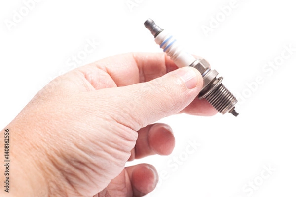 Fototapeta Spark plug for cars in hand isolated white background