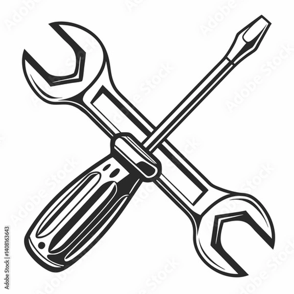 Fototapeta Crossed wrench and screwdriver icon in black and white. Ideal for repair, maintenance, and DIY themes. Clean vector symbol for logos, apps, and automotive projects.
