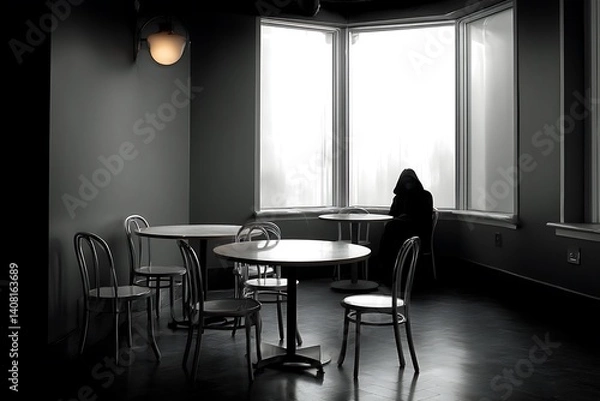 Fototapeta A lone figure sits in a dimly lit cafe, gazing out the window.