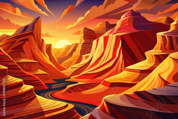 Obraz Antelope Canyon natural rock formation at sunset time, Simple cartoon design Flat style illustration