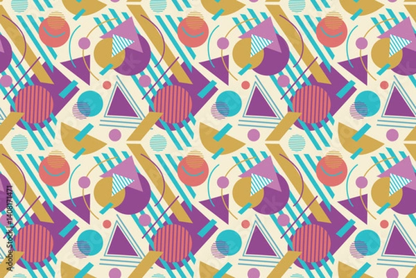 Fototapeta Abstract pattern combination of circles, triangles, and rectangles in a variety trendy of colors, creating a dynamic and playful geometric design. Fo textile, fashion, postcards