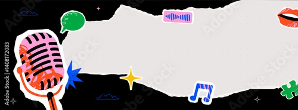 Fototapeta A dynamic and eclectic illustration with a microphone and a torn piece of paper with a musical note, a sound wave symbol and a speech bubble. A banner design template for a podcast or music project.